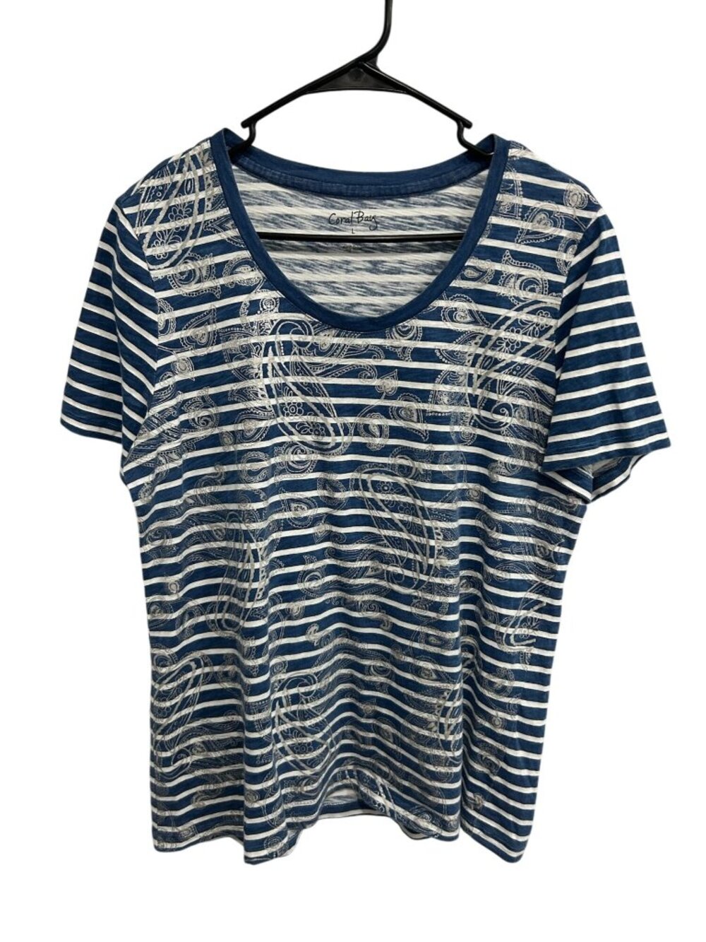 Coral Bay Large Blue White Striped Paisley Print Cotton Tee Boho Preppy